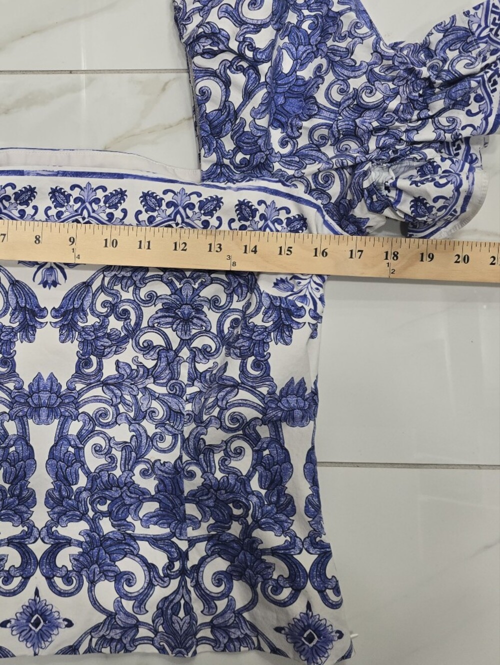 Old Money Porcelain Print Puff Sleeve Square Neck Blouse Blue White Sz 12 - Picture 8 of 9